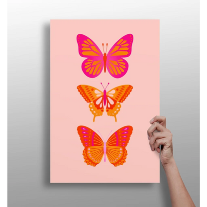 Vibrant pink butterfly aluminum art print with stylized butterflies