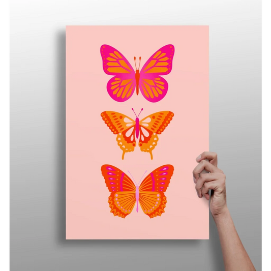 Vibrant pink butterfly aluminum art print with stylized butterflies