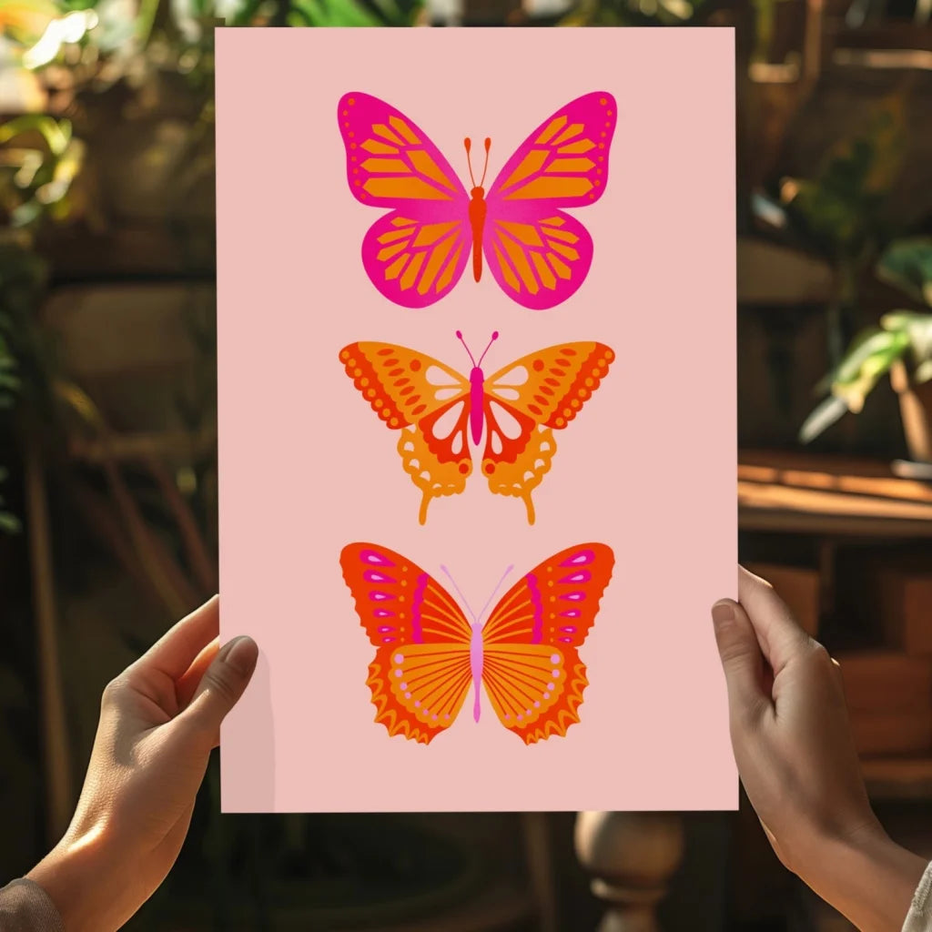 Vibrant pink and orange butterfly aluminum art print with 3 stylized wings on pastel background