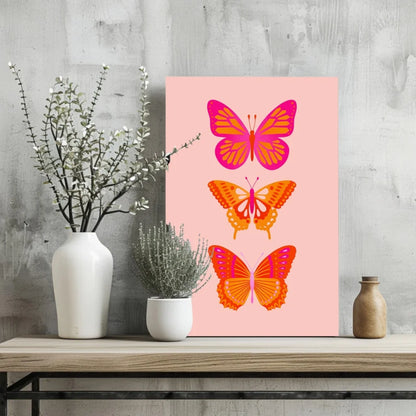 Vibrant pink and orange butterfly on peach canvas art print