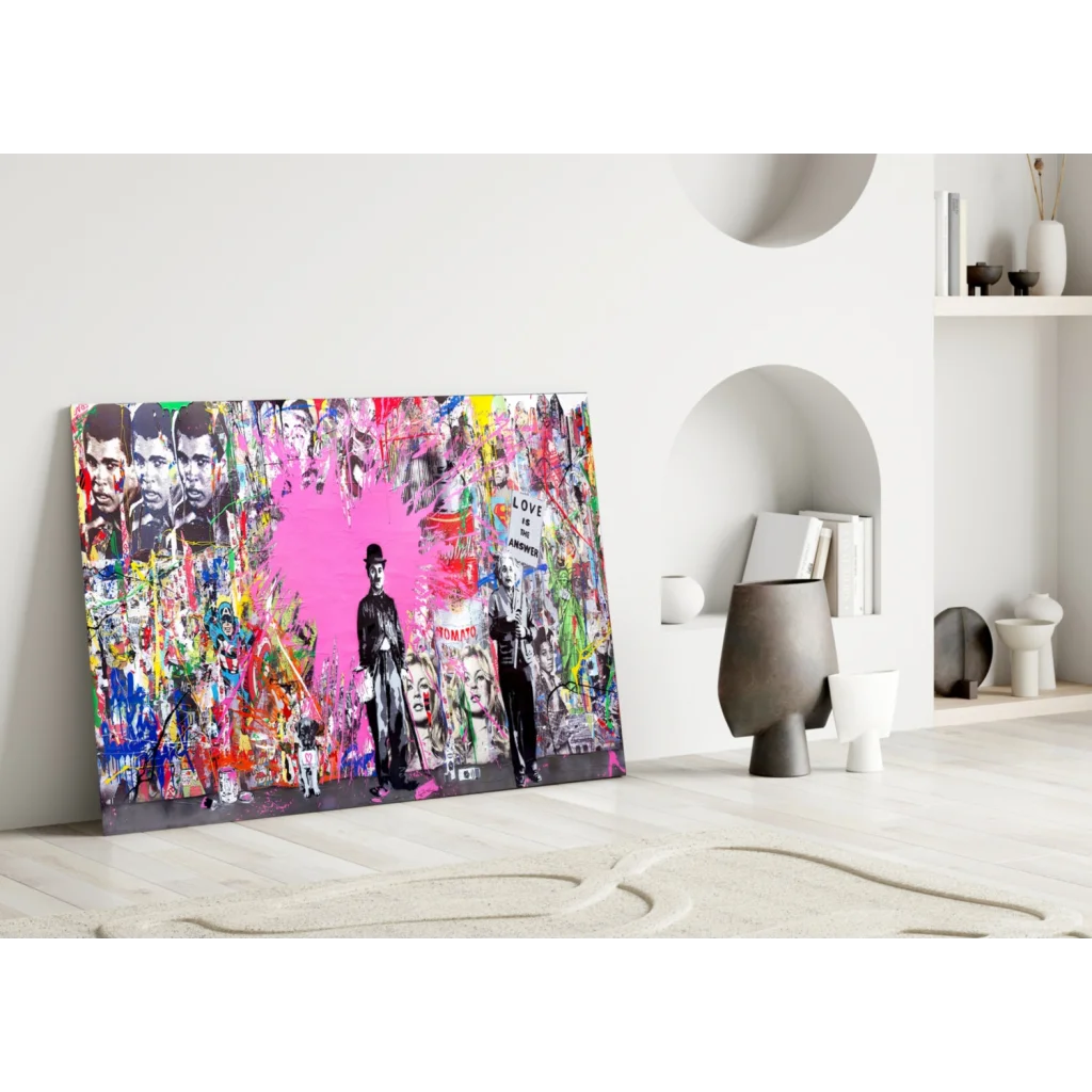 Vibrant pink heart urban wall art canvas with diverse imagery