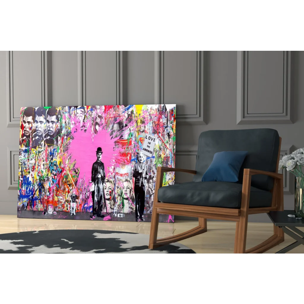 Vibrant pink heart urban wall art canvas with diverse figures