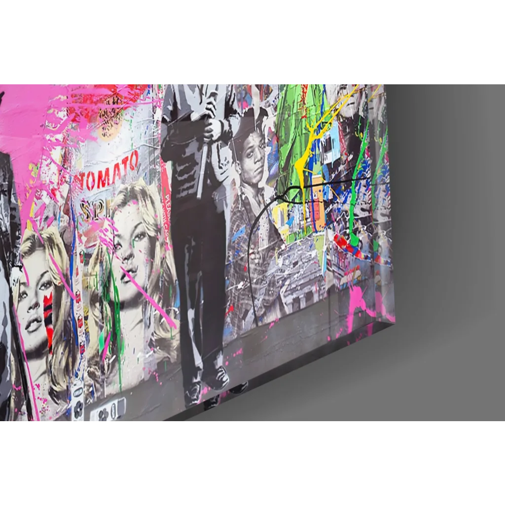 Vibrant pink heart skeleton clock wall art in black white with colorful accents