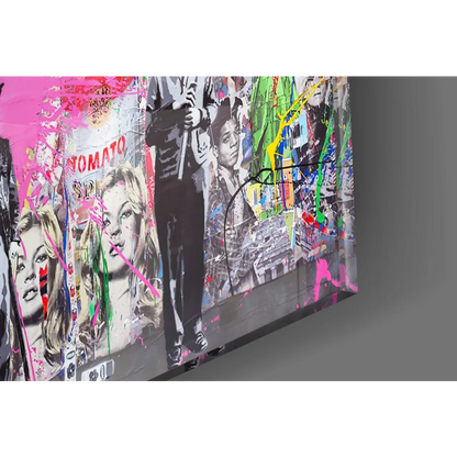 Vibrant pink heart skeleton clock wall art in black white with colorful accents