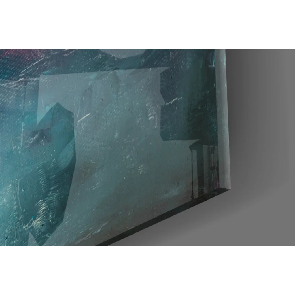 Vibrant pink teal abstract glass wall art with icy shower curtain texture