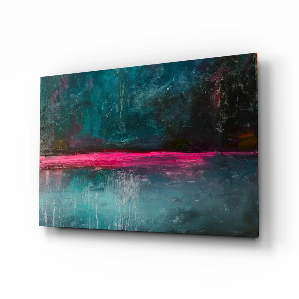 Vibrant pink teal abstract canvas wall art on white wall