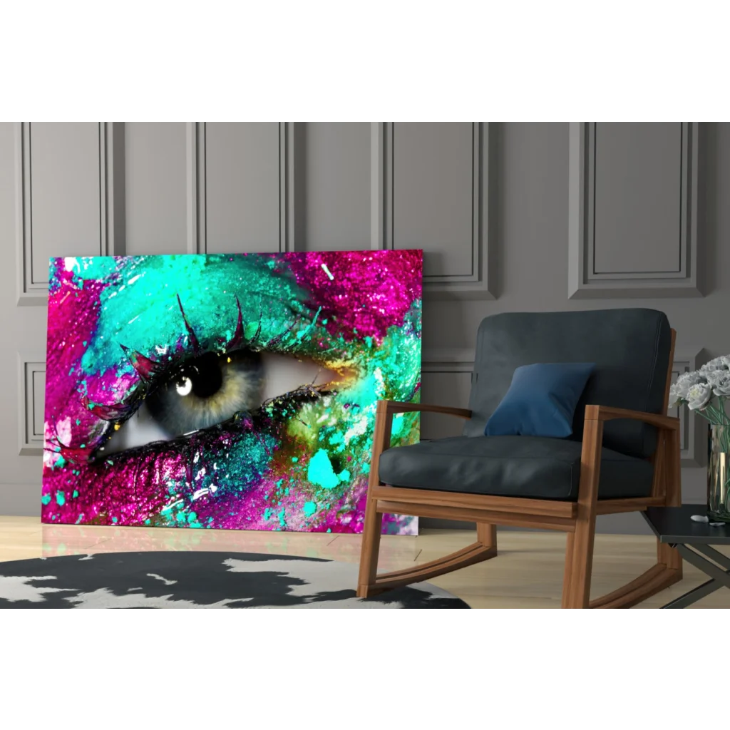 Vibrant pink teal eye canvas wall art print with glossy finish