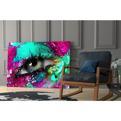 Vibrant pink teal eye canvas wall art print with glossy finish