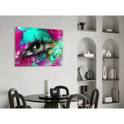 Vibrant pink teal eye canvas wall art with black and white cat design