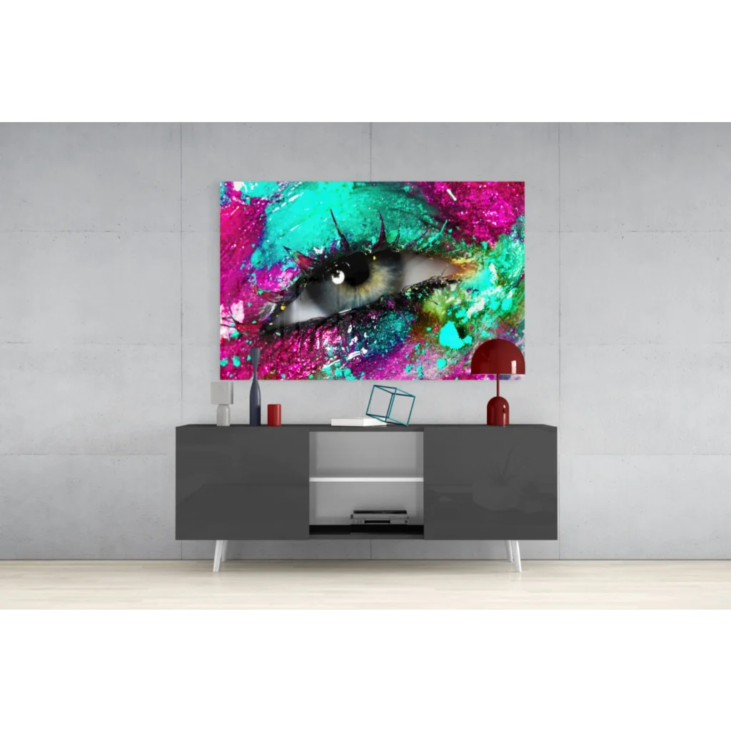 Vibrant pink teal eye canvas wall art with glossy finish