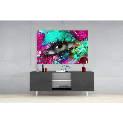 Vibrant pink teal eye canvas wall art with glossy finish