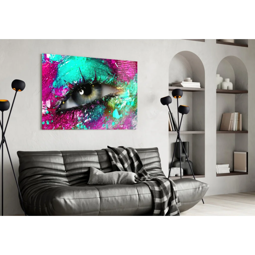 Vibrant pink teal eye canvas wall art with glossy finish