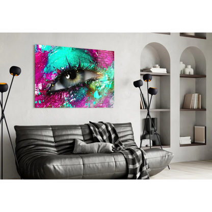 Vibrant pink teal eye canvas wall art with glossy finish