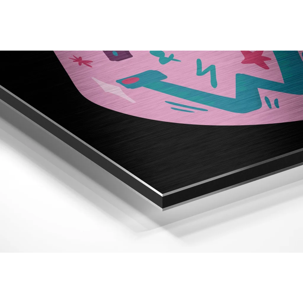 Vibrant pink teal abstract art on brushed aluminium dibond frame