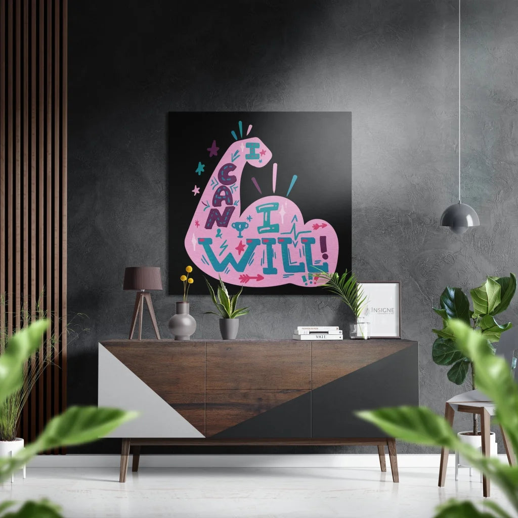 Vibrant pink teal i can i will motivational art on brushed aluminium dibond
