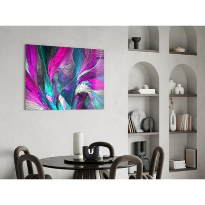 Vibrant pink and teal swirl abstract wall art print on black background