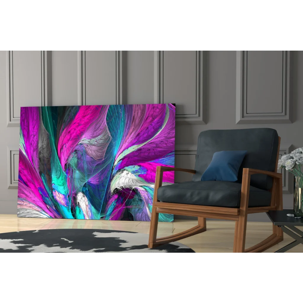Vibrant pink purple teal swirl abstract canvas wall art on black