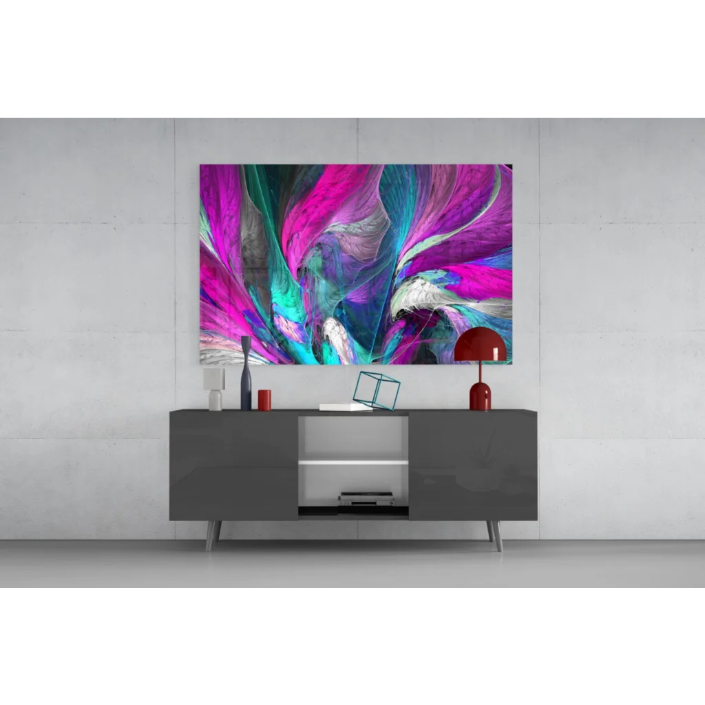 Vibrant pink and teal swirl wall art on Samsung QLED TV