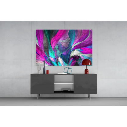 Vibrant pink and teal swirl wall art on Samsung QLED TV