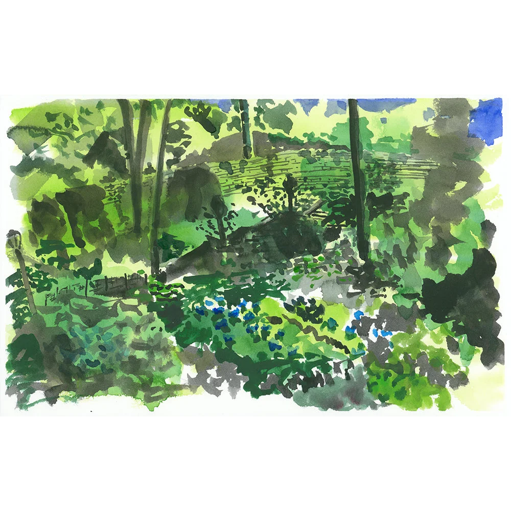 Vibrant green leafy plein air painting of Fort Tryon Park forest with blue flowers