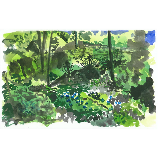 Vibrant green leafy plein air painting of Fort Tryon Park forest with blue flowers