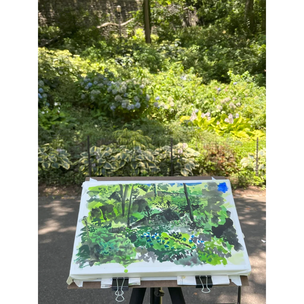 Vibrant plein air painting of green leafy Fort Tryon Park forest on canvas with easel