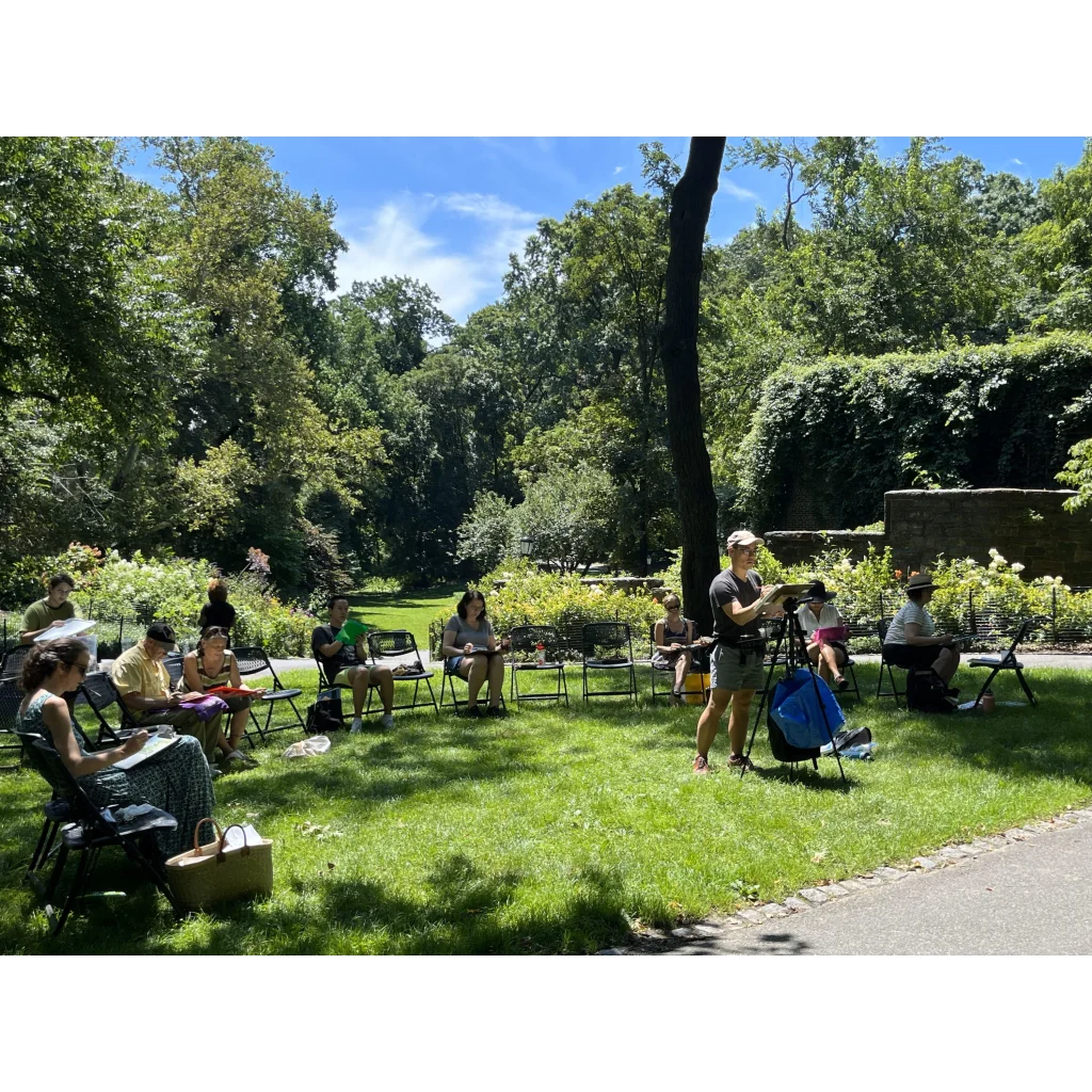 Vibrant plein air painting of green grass lawn chair with white cushion