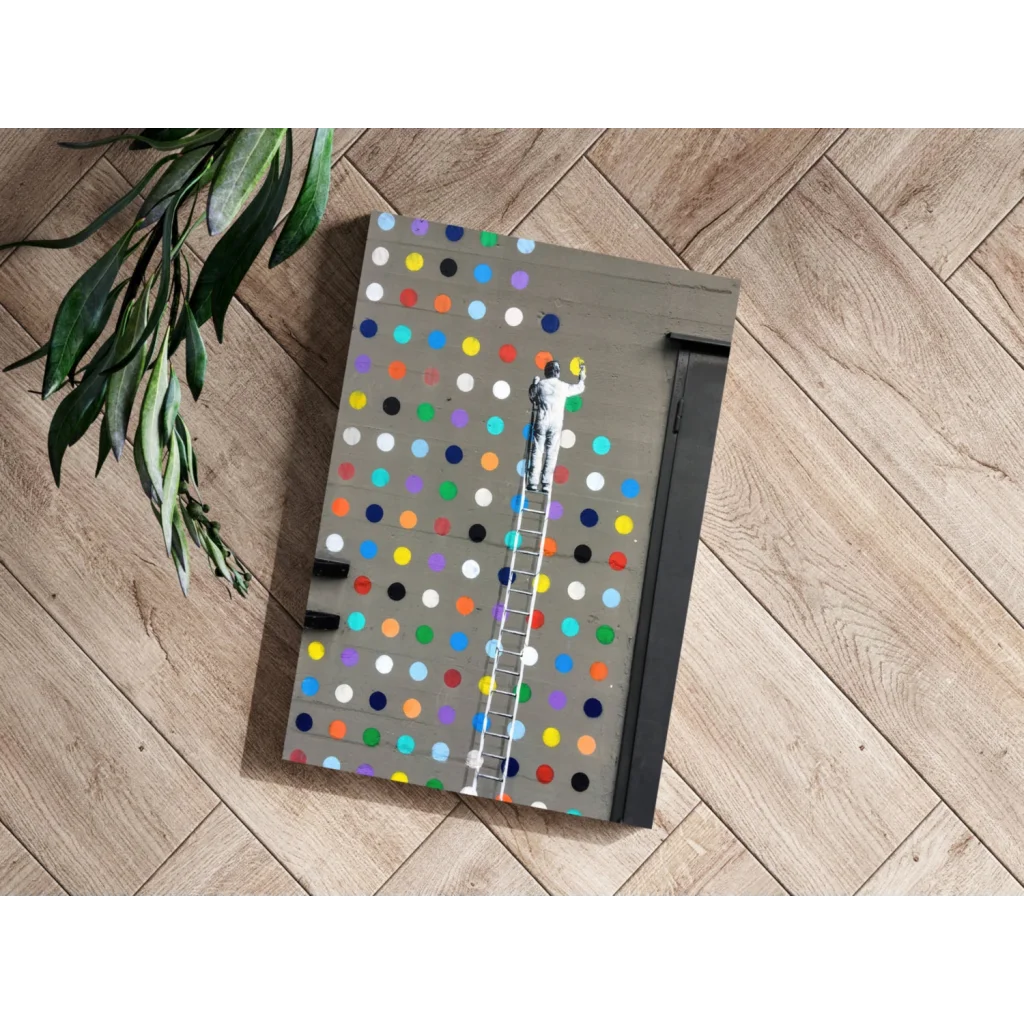 Vibrant multi-colored polka dot notebook with metallic edge art print