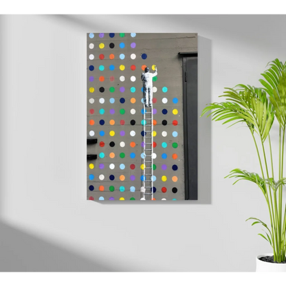 Vibrant multi-colored polka dot canvas wall art with ladder and figure