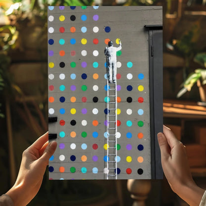 Vibrant polka dot man on ladder painting art print poster