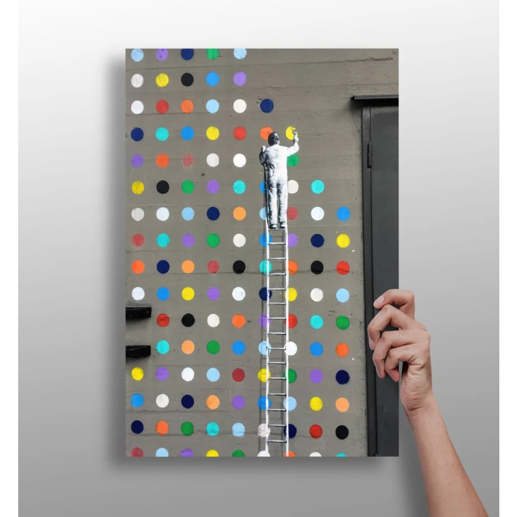 White metal ladder with colorful polka dots art print for modern spaces