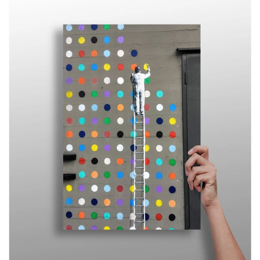 White metal ladder with colorful polka dots art print for modern spaces
