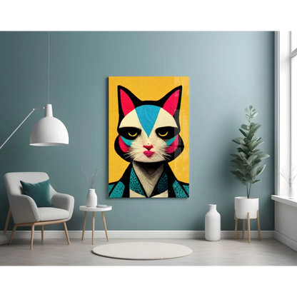 Vibrant pop art cat canvas wall art with bold geometric design
