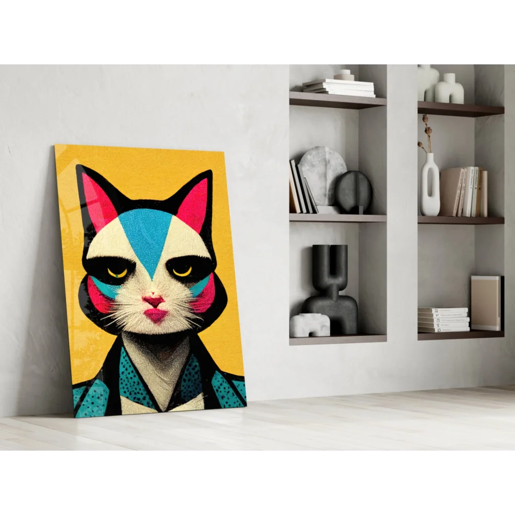Vibrant pop art cat canvas wall art with bold geometric design