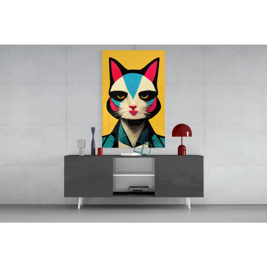 Vibrant pop art cat wall art with bold geometric design