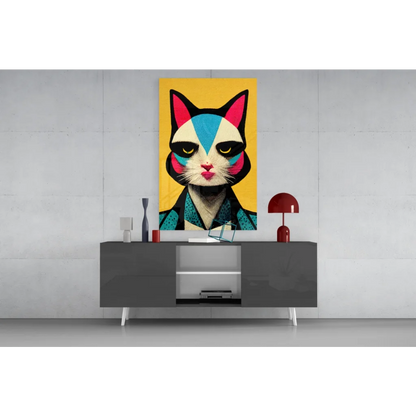 Vibrant pop art cat wall art with bold geometric design