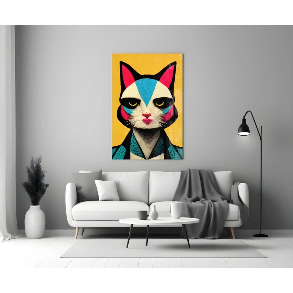 Vibrant pop art cat canvas wall art with bold geometric design