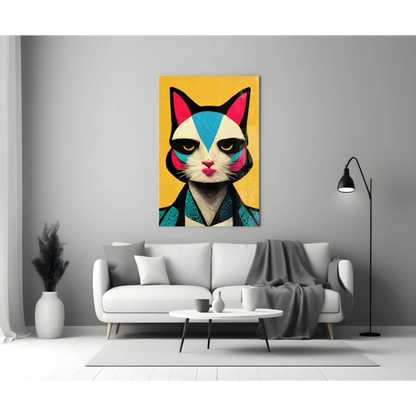 Vibrant pop art cat canvas wall art with bold geometric design