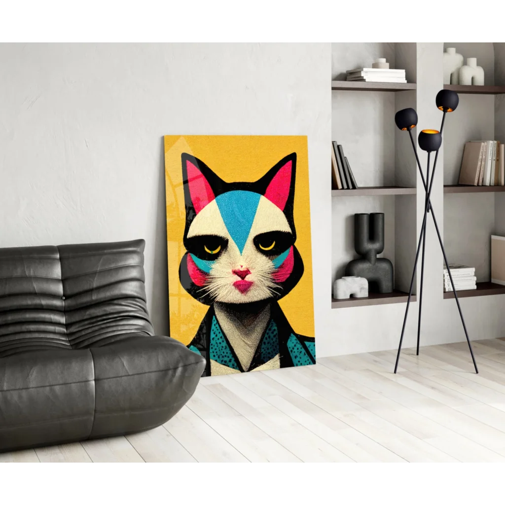 Vibrant yellow and blue pop art cat canvas wall art with bold geometric design