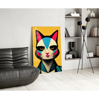 Vibrant yellow and blue pop art cat canvas wall art with bold geometric design