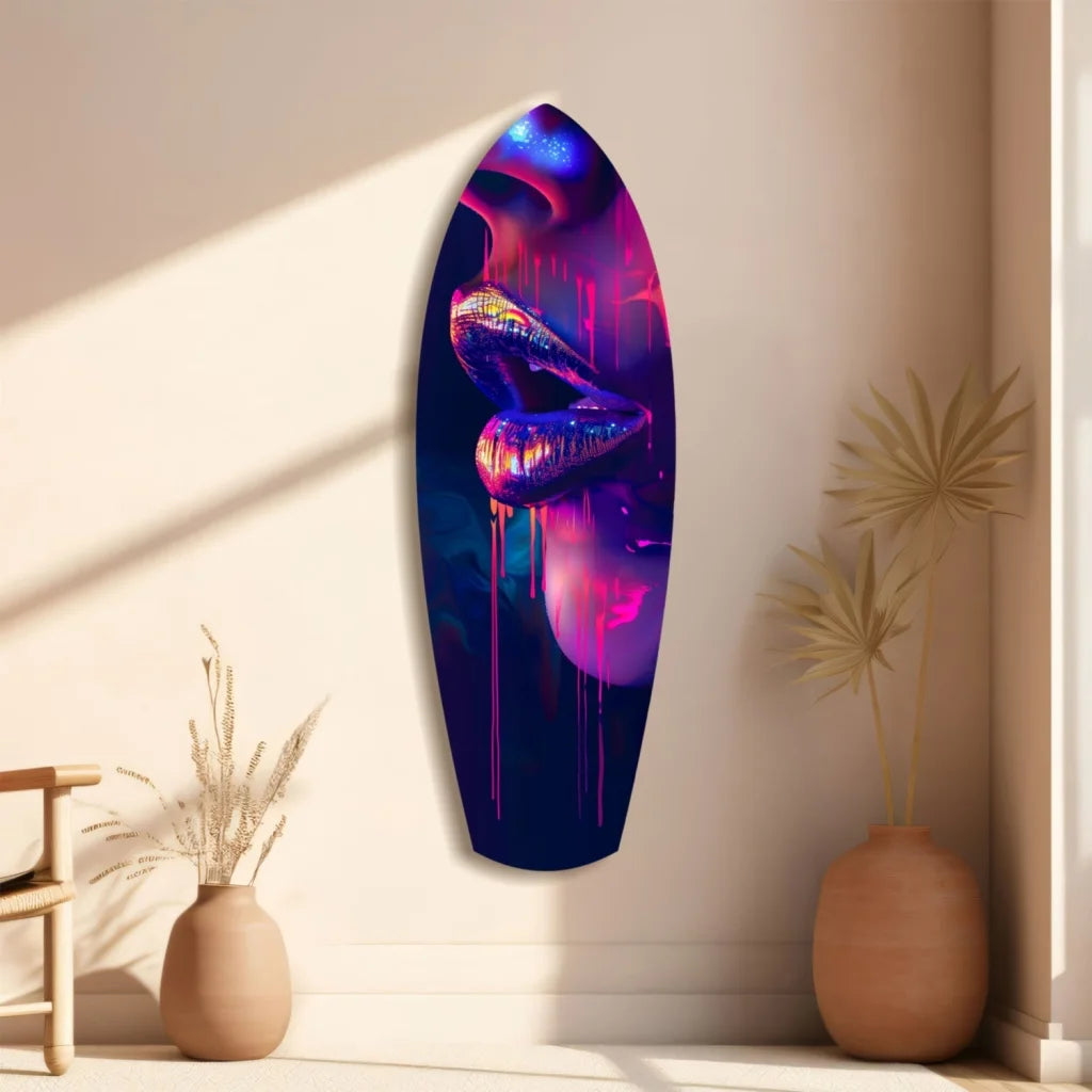Vibrant purple blue tempered glass art with neon lips surfboard design