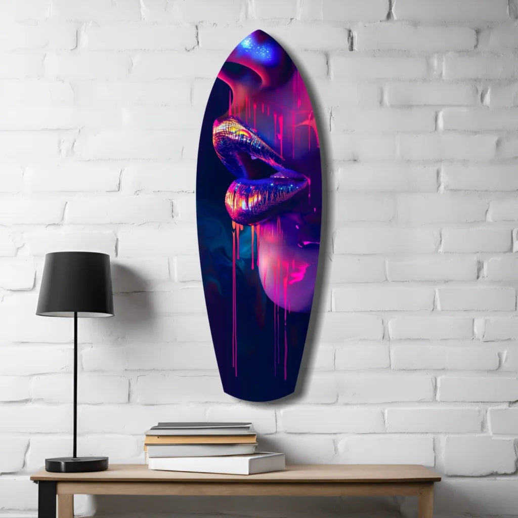 Vibrant neon pink purple lips surfboard tempered glass art with drip effect