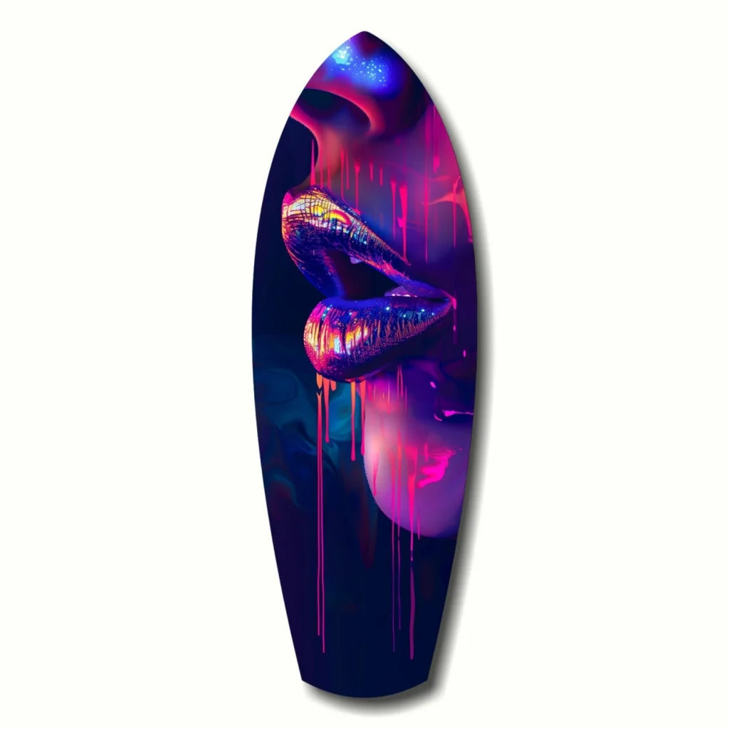 Neon lips skateboard deck on vibrant purple blue tempered glass art