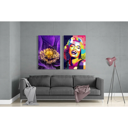 Vibrant purple flower pop art on glass wall art print