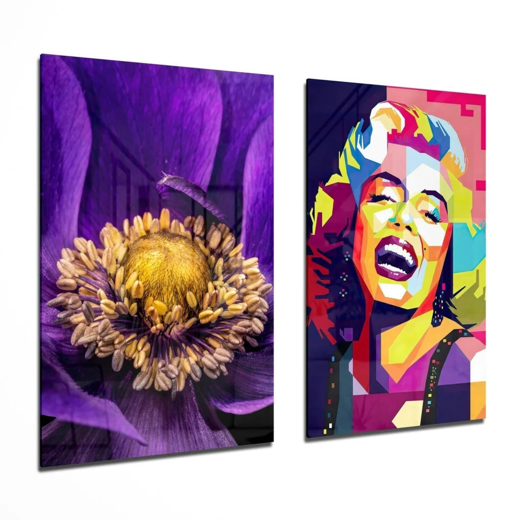 Vibrant purple flower glass wall art with yellow center and green stem
