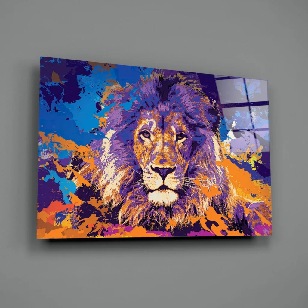 Vibrant purple lion canvas wall art with orange accents