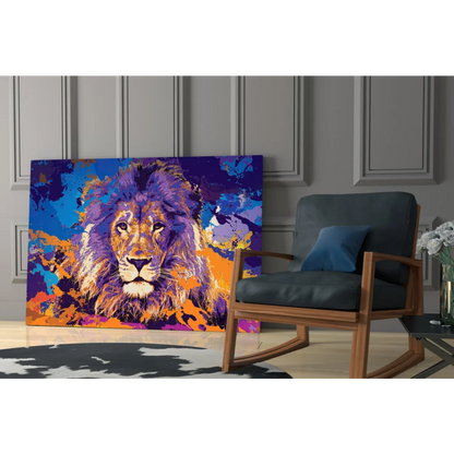 Vibrant purple lion canvas wall art with orange and blue accents