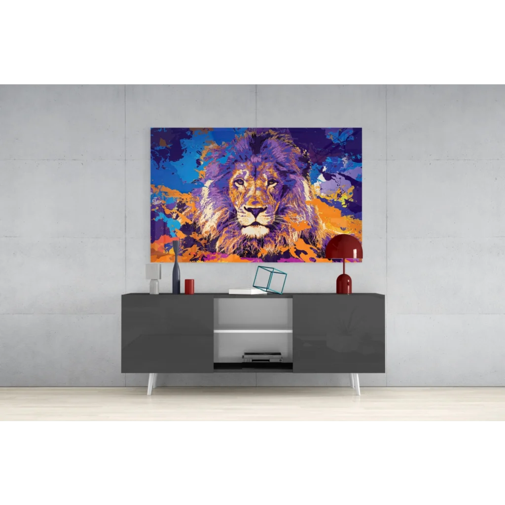 Modern gray sideboard with white legs under vibrant purple lion wall art