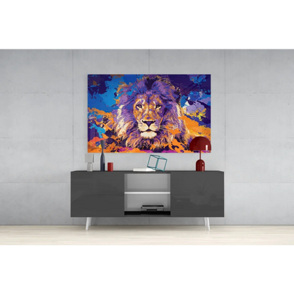 Modern gray sideboard with white legs under vibrant purple lion wall art