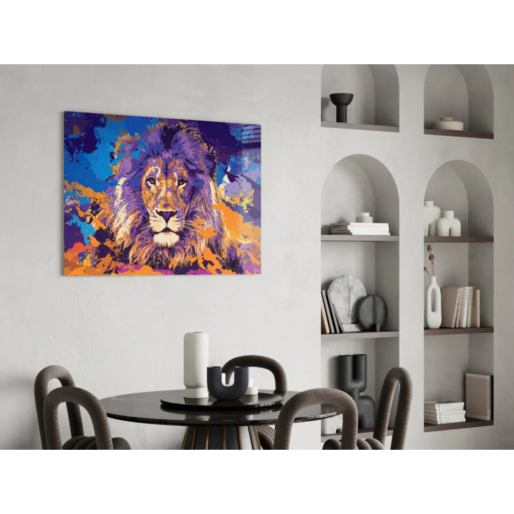 Vibrant purple lion canvas wall art with orange accents and textured brushstrokes